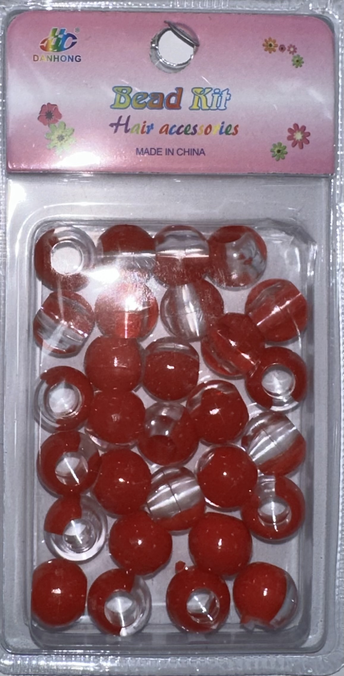 Perles rondes bicolore transparent et rouge