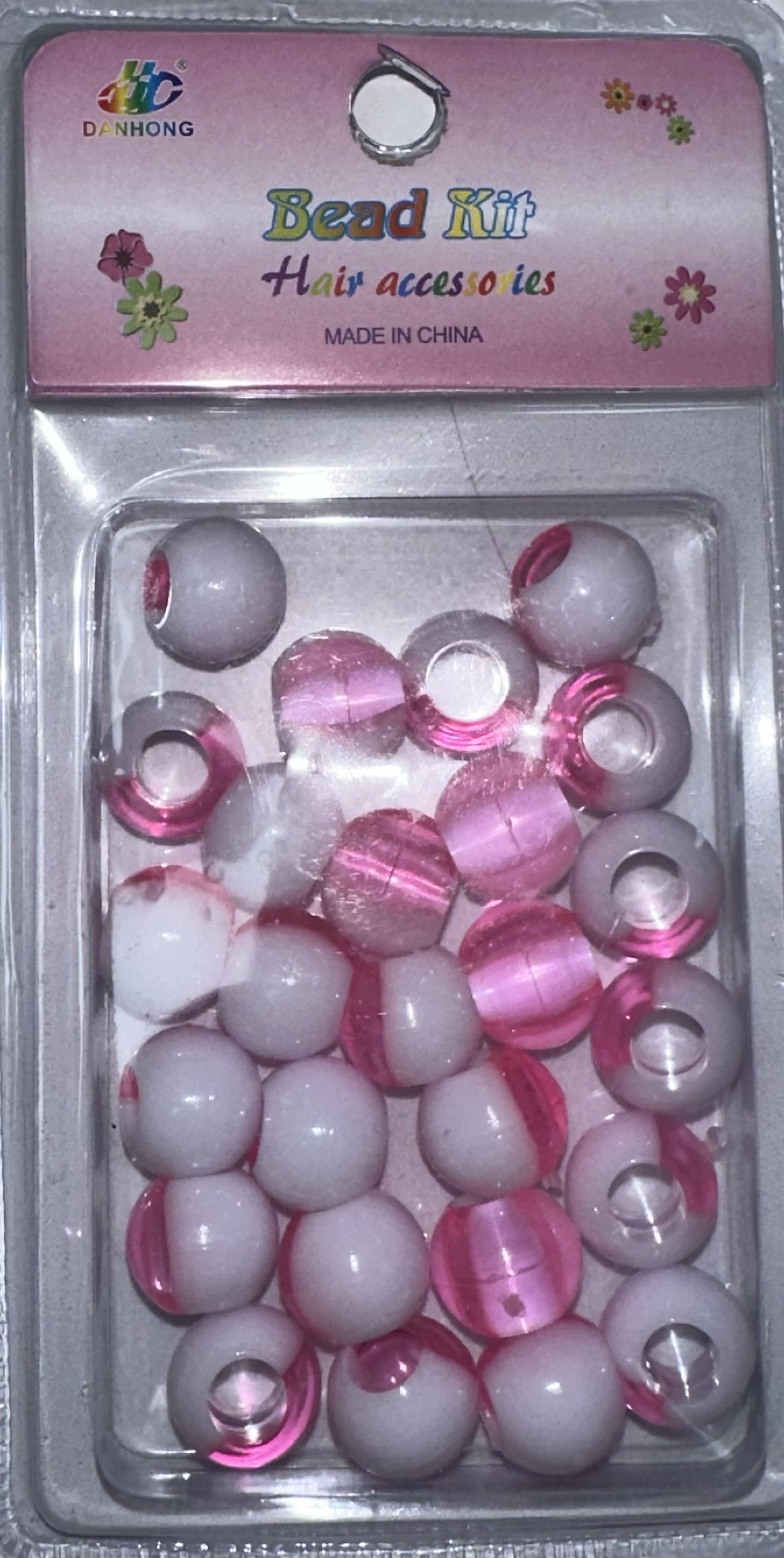 Perles rondes bicolore blanc et rose transparent