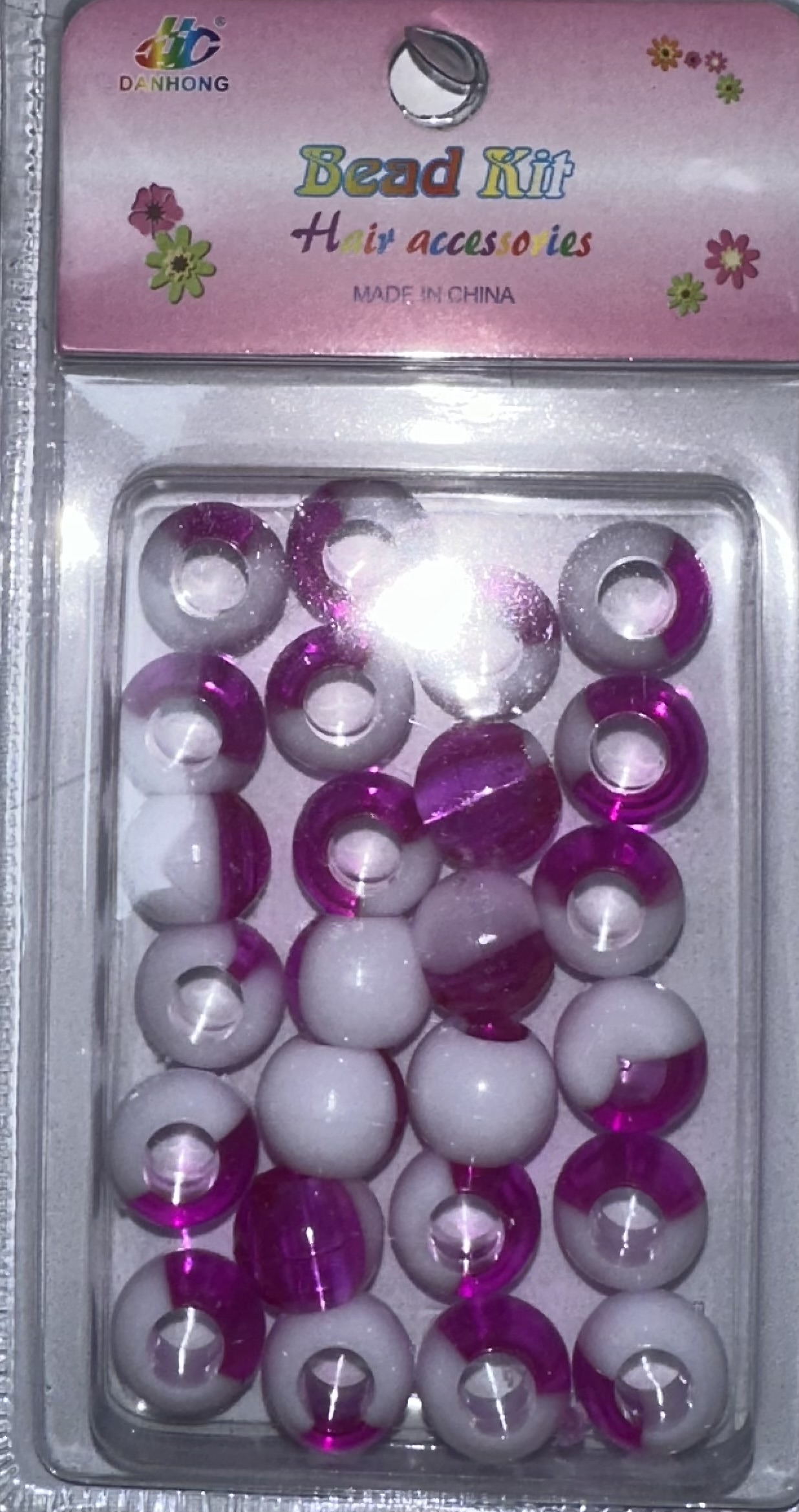 Perles rondes bicolore blanc et fuchsia