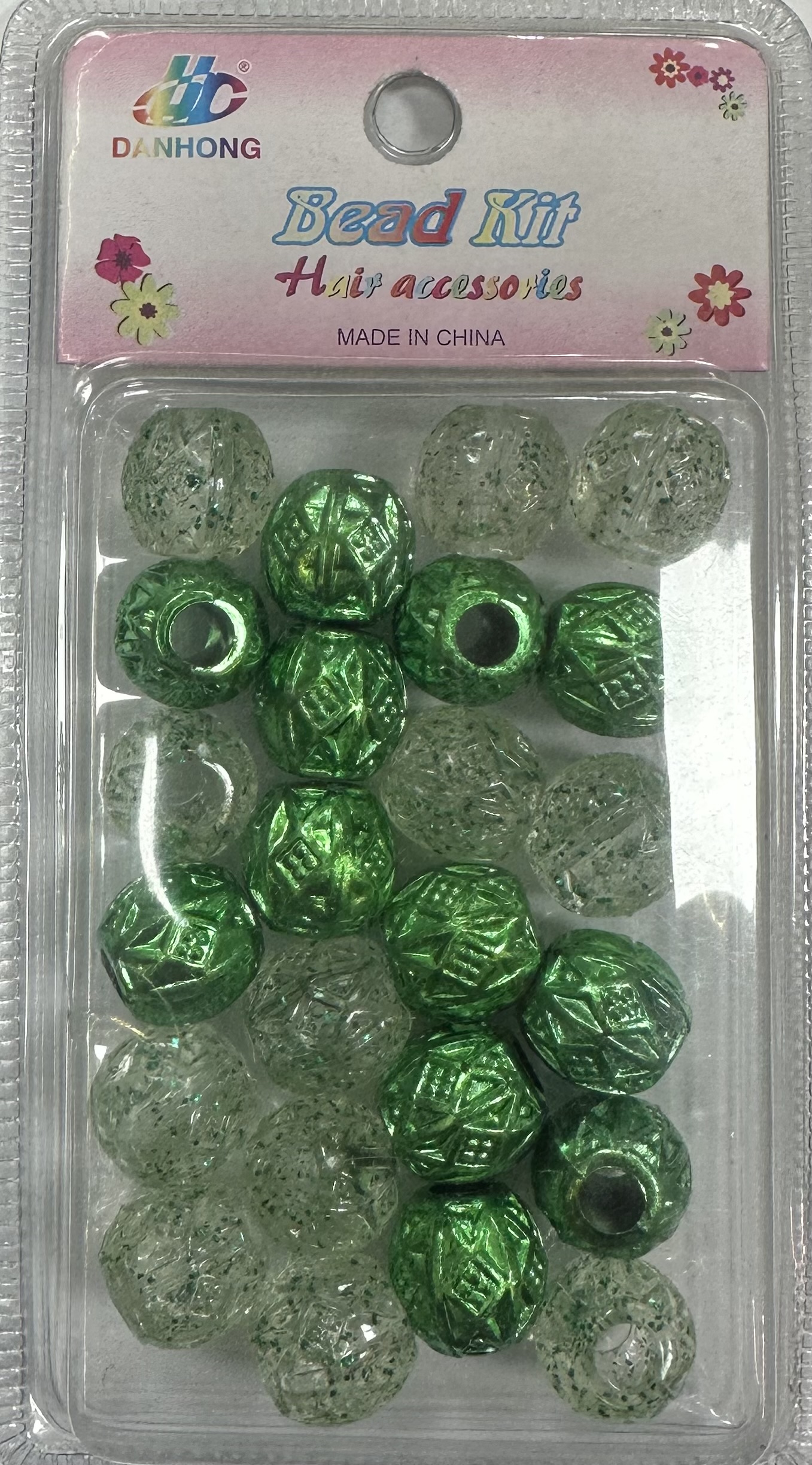Perles grand transparent vert avec paillettes