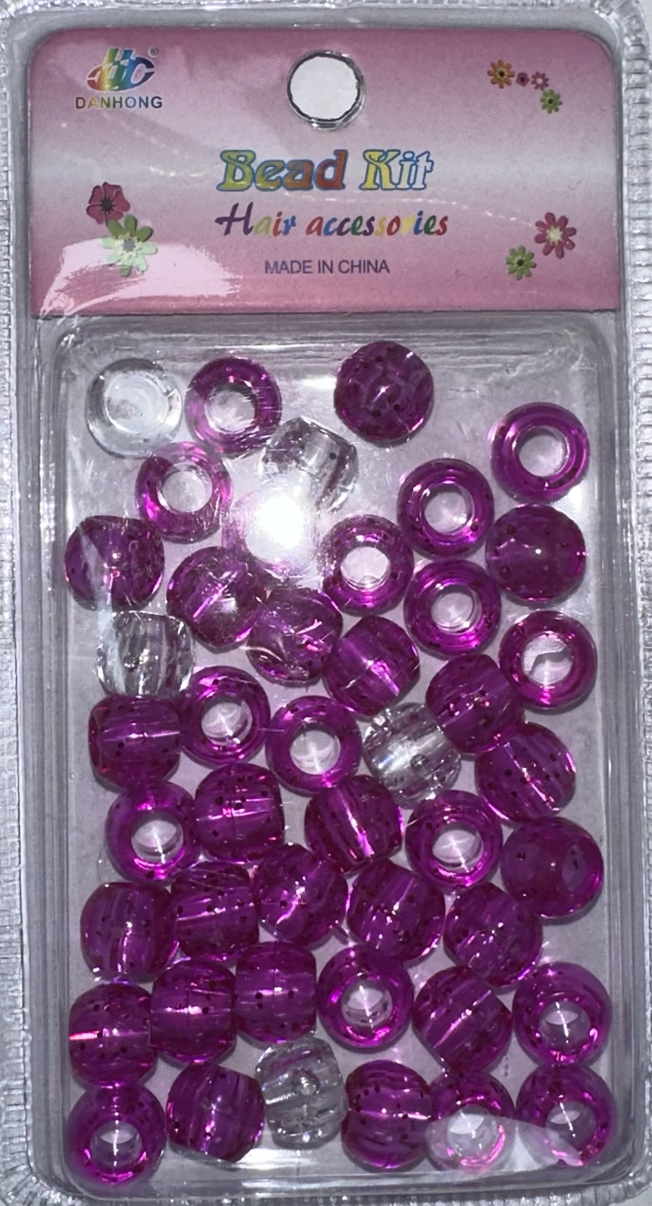Perles rondes transparents fuchsia avec paillettes