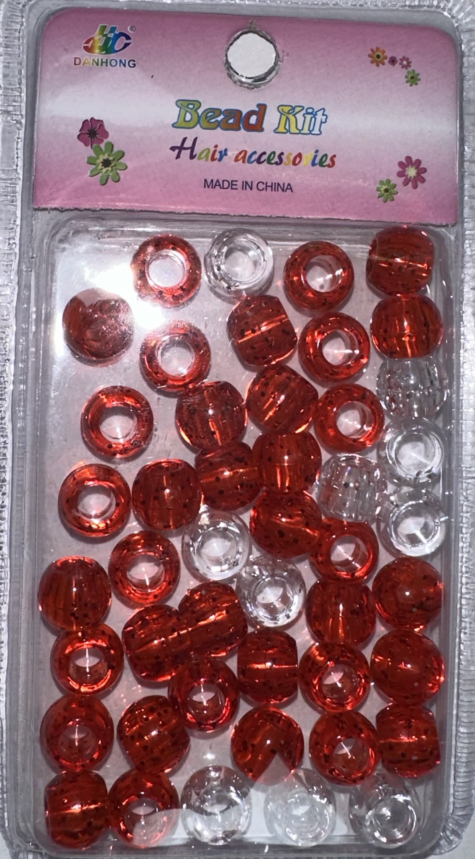 Perles rondes transparents rouge avec paillettes